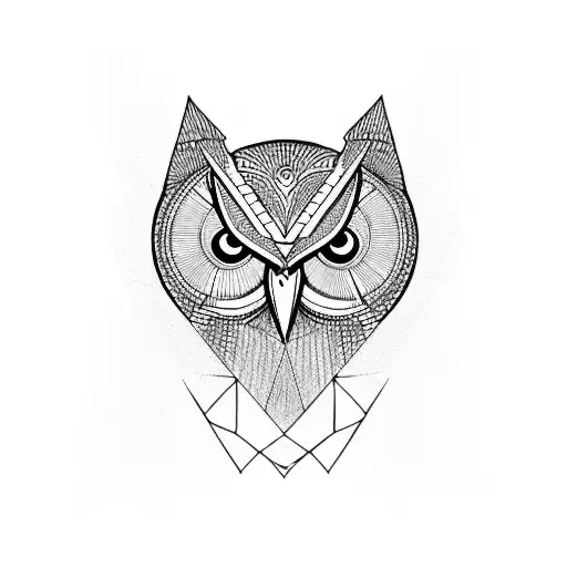Owl with geometric lines and compass tattoo design idea