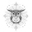 Owl with geometric lines and compass tattoo design idea