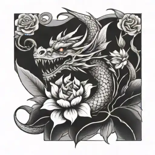 dragon and flowers tattoo design idea