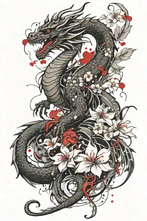 dragon on foot with sakura flowers tattoo design idea