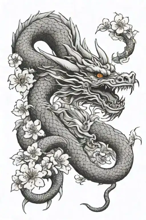 dragon on foot with sakura flowers tattoo design idea