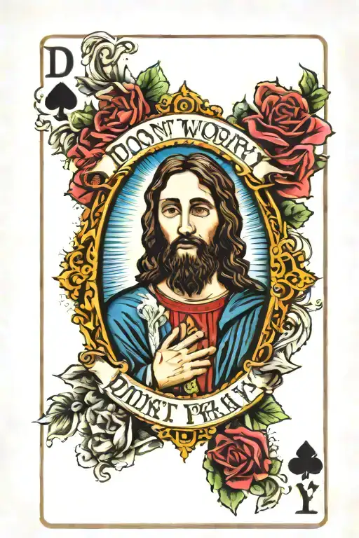 a playing card featuring the writing "don't worry just pray" with a picture of Jesus Christ in the middle tattoo design idea