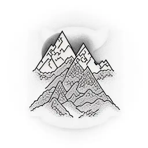 A majestic mountain range with a winding hiking trail leading towards a glowing sunrise tattoo design idea