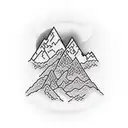 A majestic mountain range with a winding hiking trail leading towards a glowing sunrise tattoo design idea