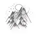 A majestic mountain range with a winding hiking trail leading towards a glowing sunrise tattoo design idea