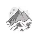 A majestic mountain range with a winding hiking trail leading towards a glowing sunrise tattoo design idea