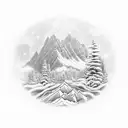 A majestic mountain range with a winding hiking trail leading towards a glowing sunrise tattoo design idea