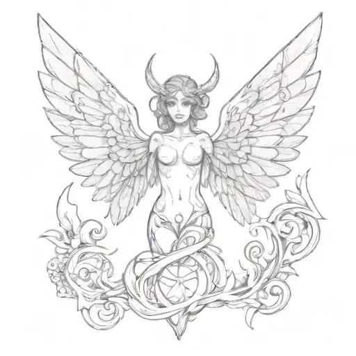 A seraph with six wings and eyes staring tattoo design idea