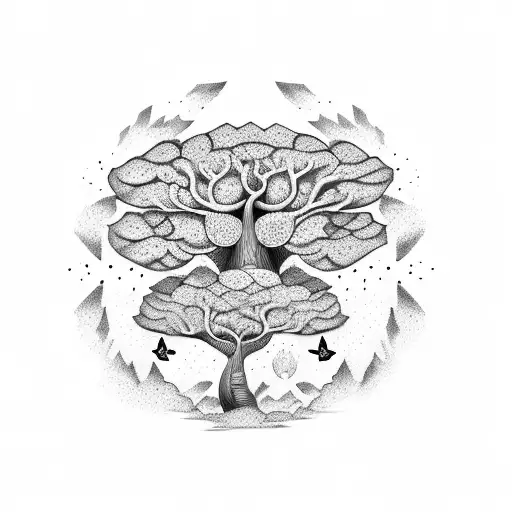 a few large butterflies flying around a large baobab tree tattoo design idea