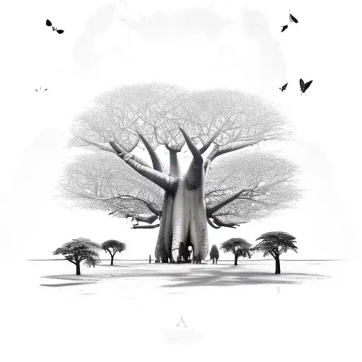 a few large butterflies flying around a large baobab tree tattoo design idea