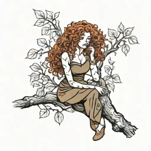 girl with curly red hair sitting in a tree with a long skirt tattoo design idea