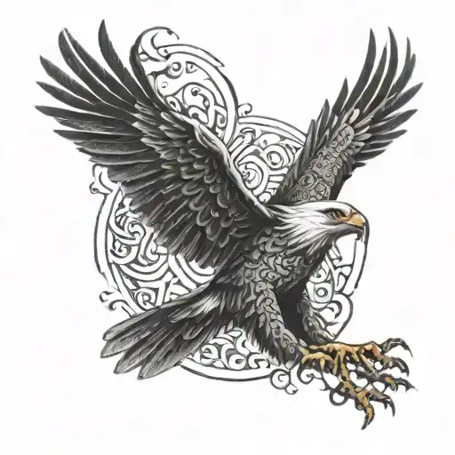 A stylized eagle with intricate dotwork patterns, surrounded by rays of light symbolizing prayer tattoo design idea