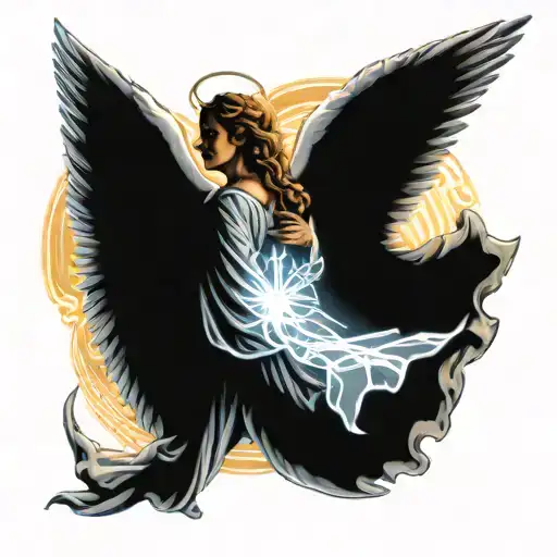 an angel with wings surrounded by rays of light symbolizing prayer tattoo design idea