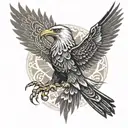 A stylized eagle with intricate dotwork patterns, surrounded by rays of light symbolizing prayer tattoo design idea