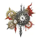 Black Gold, and Blood Red Melting Clock and gears. All Seeing Eye bleeding. knives crystals and gemstones. The Void tattoo design idea