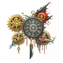 Black Gold, and Blood Red Melting Clock and gears. All Seeing Eye bleeding. knives crystals and gemstones. The Void tattoo design idea