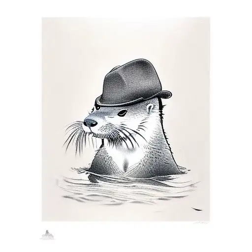 Otter with a poor boy hat, Cigar and whiskey tattoo design idea