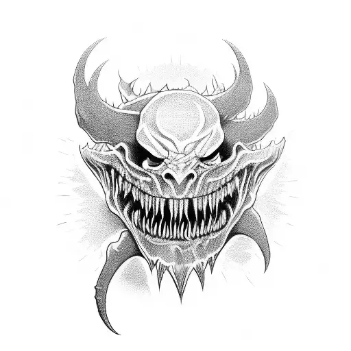 a demon coming out of a giant mouth with sharp teeth tattoo design idea