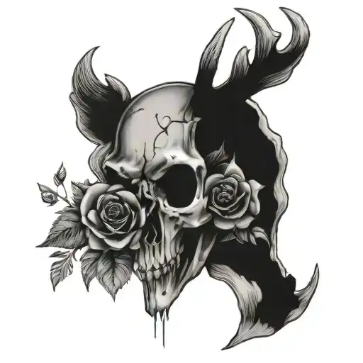 deer skull, roses and crystala tattoo design idea