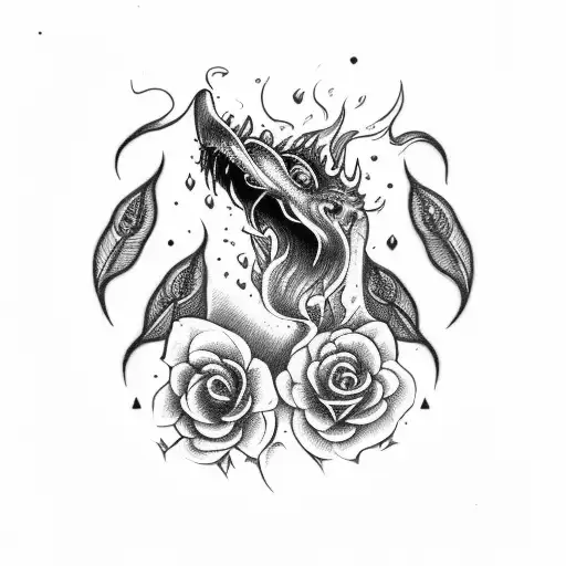 fire from the mouth and black roses tattoo design idea