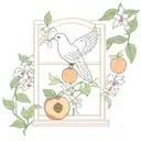 dove in window with peaches, figs, and blueberries, orchids, and lily of the valley tattoo design idea