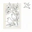 dove in window with peaches, figs, and blueberries, orchids, and lily of the valley tattoo design idea