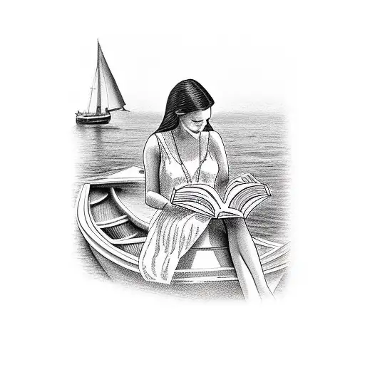 maltese traditional boat with woman reading a book on it. tattoo design idea