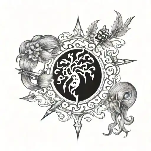 A Sagittarius symbol intertwined with acorns and flames tattoo design idea