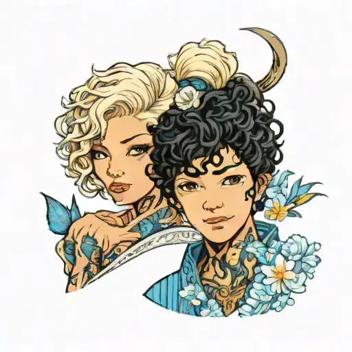 black curly haired hispanic boy and a blonde white short haired girl with blue eyes tattoo design idea