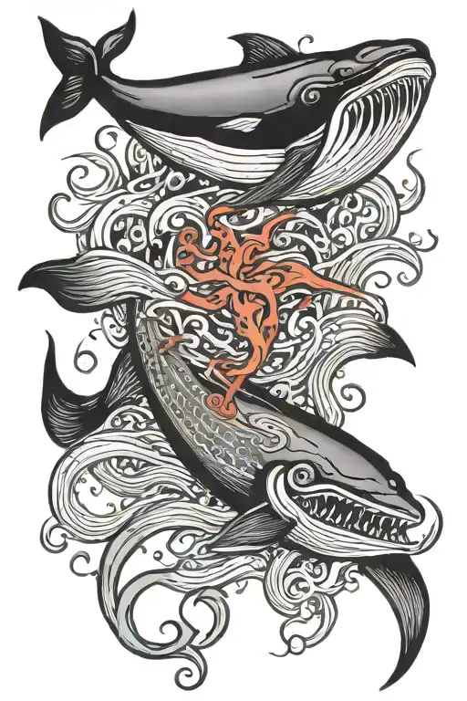 whale fighting giant squid  tattoo design idea
