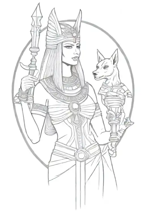cleopatra holding a scepter in one hand and a glass in another, with anubis spirit behind her, tattoo for the upper arm tattoo design idea