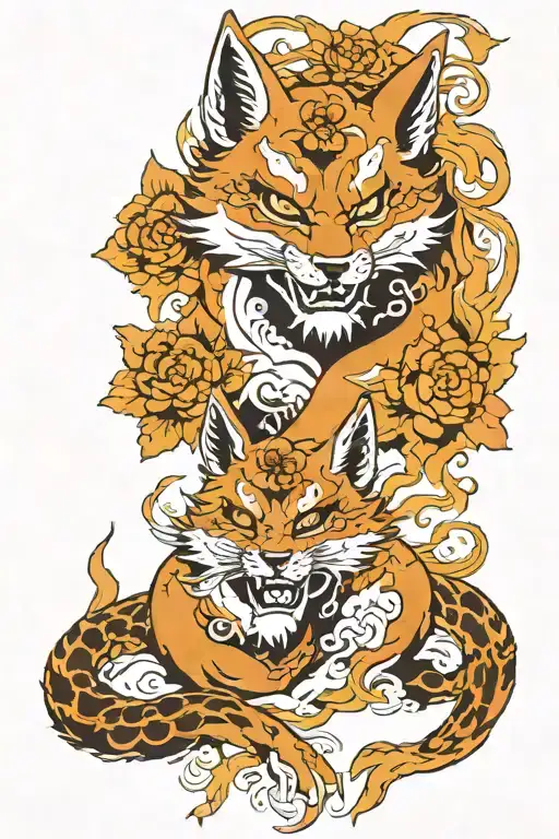 KITSUNE AND ONI MASK CONFLICT WITH FLOWERS AND FIRE AND LIGHTING tattoo design idea