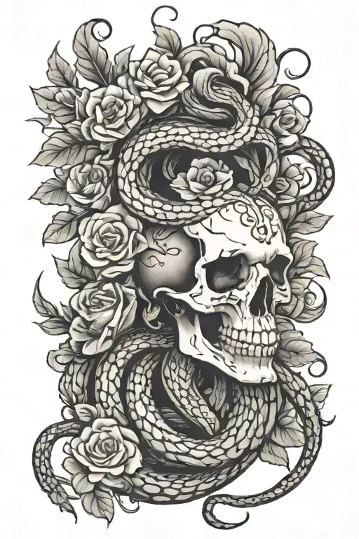 snake skeleton with flowers tattoo design idea