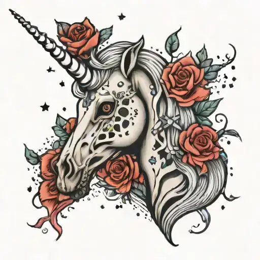 skeleton unicorn surrounded by roses and a galaxy filled with stars tattoo design idea