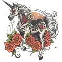 skeleton unicorn surrounded by roses and a galaxy filled with stars tattoo design idea