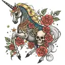 skeleton unicorn surrounded by roses and a galaxy filled with stars tattoo design idea