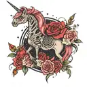 skeleton unicorn surrounded by roses and a galaxy filled with stars tattoo design idea