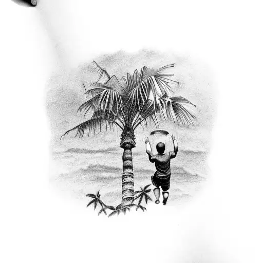 Palm tree 3 butterflies A boy climbs the tree tattoo design idea