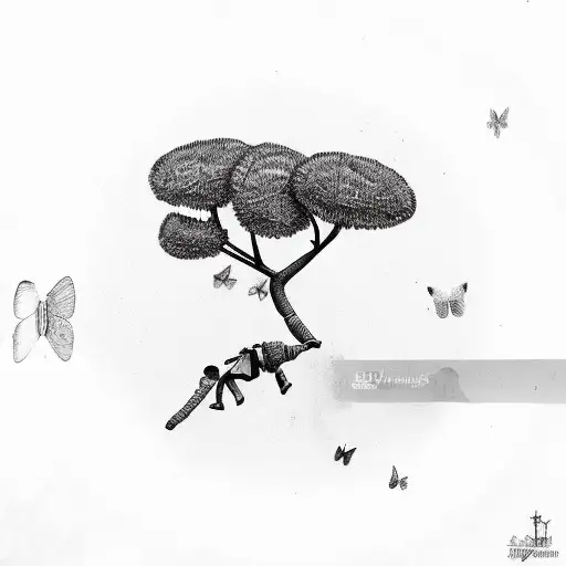 Palm tree 3 butterflies A boy climbs the tree tattoo design idea
