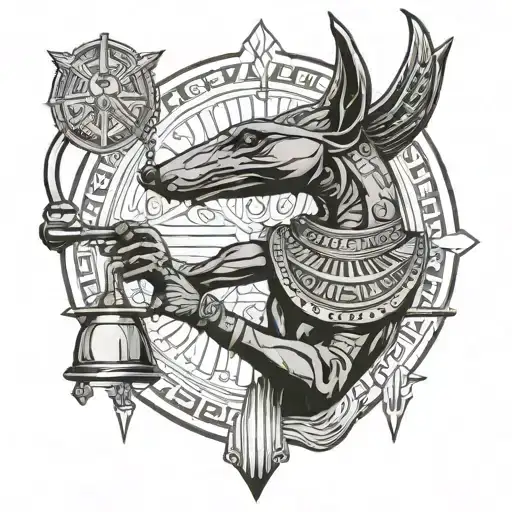 anubis with weighing scale under and a pyroglyphic background  tattoo design idea