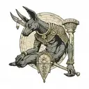 anubis with weighing scale under and pyroglyphic bacgound tattoo design idea