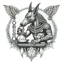 anubis with weighing scale under and a pyroglyphic background  tattoo design idea