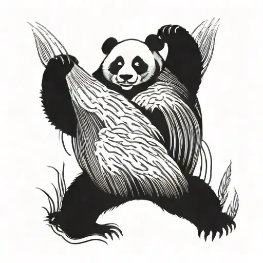 A panda bear tattoo standing under a majestic waterfall, symbolizing strength and tranquility tattoo design idea