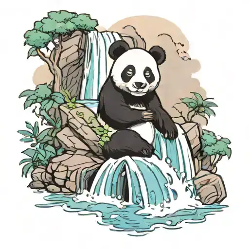 A panda bear tattoo standing under a majestic waterfall, symbolizing strength and tranquility tattoo design idea