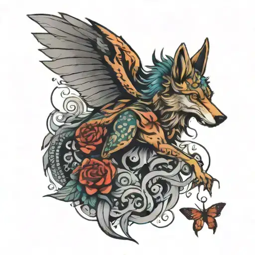 wolf with a dragon fly tattoo design idea