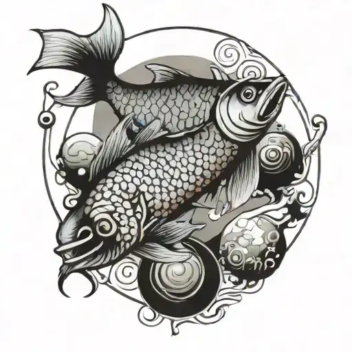 black circle, fish with cigarette smoke and japanese lanterns nearby tattoo design idea