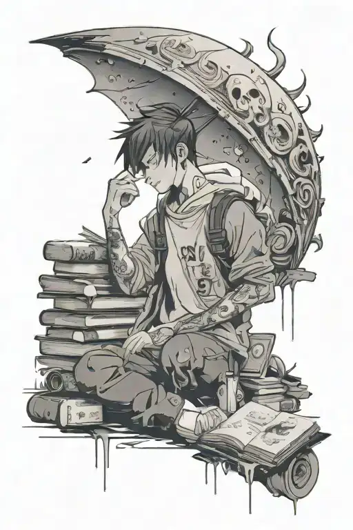 An education student surrounded by books and anime characters, with a sun and rain backdrop tattoo design idea