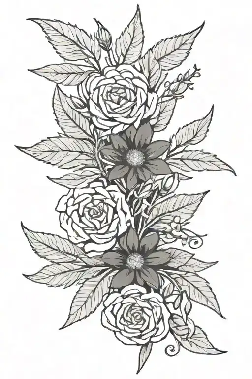 Olive branch with chilli pepper and Roses lined simple calendula flowers tattoo design idea