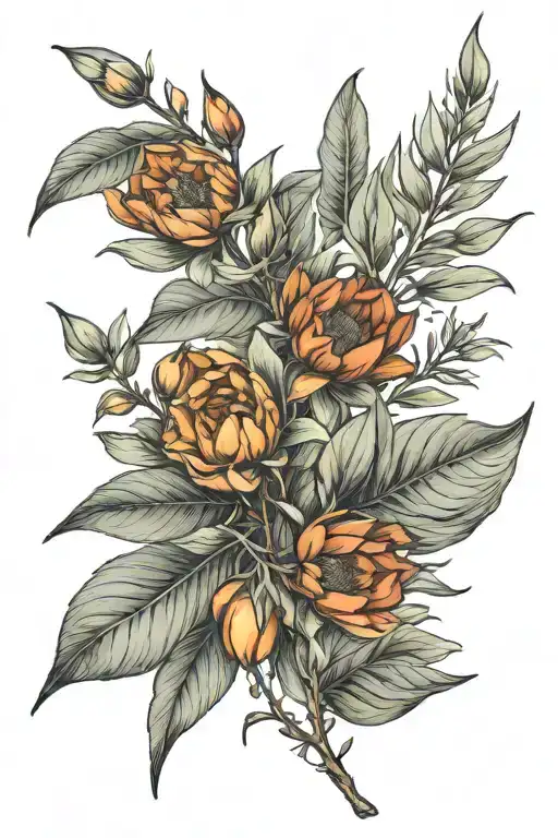 Olive branch with chilli pepper and Roses lined simple calendula flowers tattoo design idea