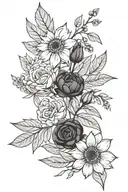 Olive branch with chilli pepper and Roses lined simple calendula flowers tattoo design idea